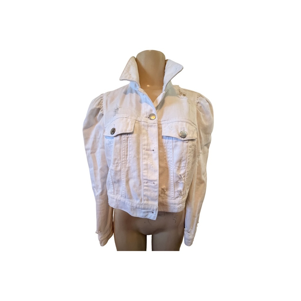 Venus Puff Sleeve, Cropped & distressed White Denim Jacket-small. EUC
